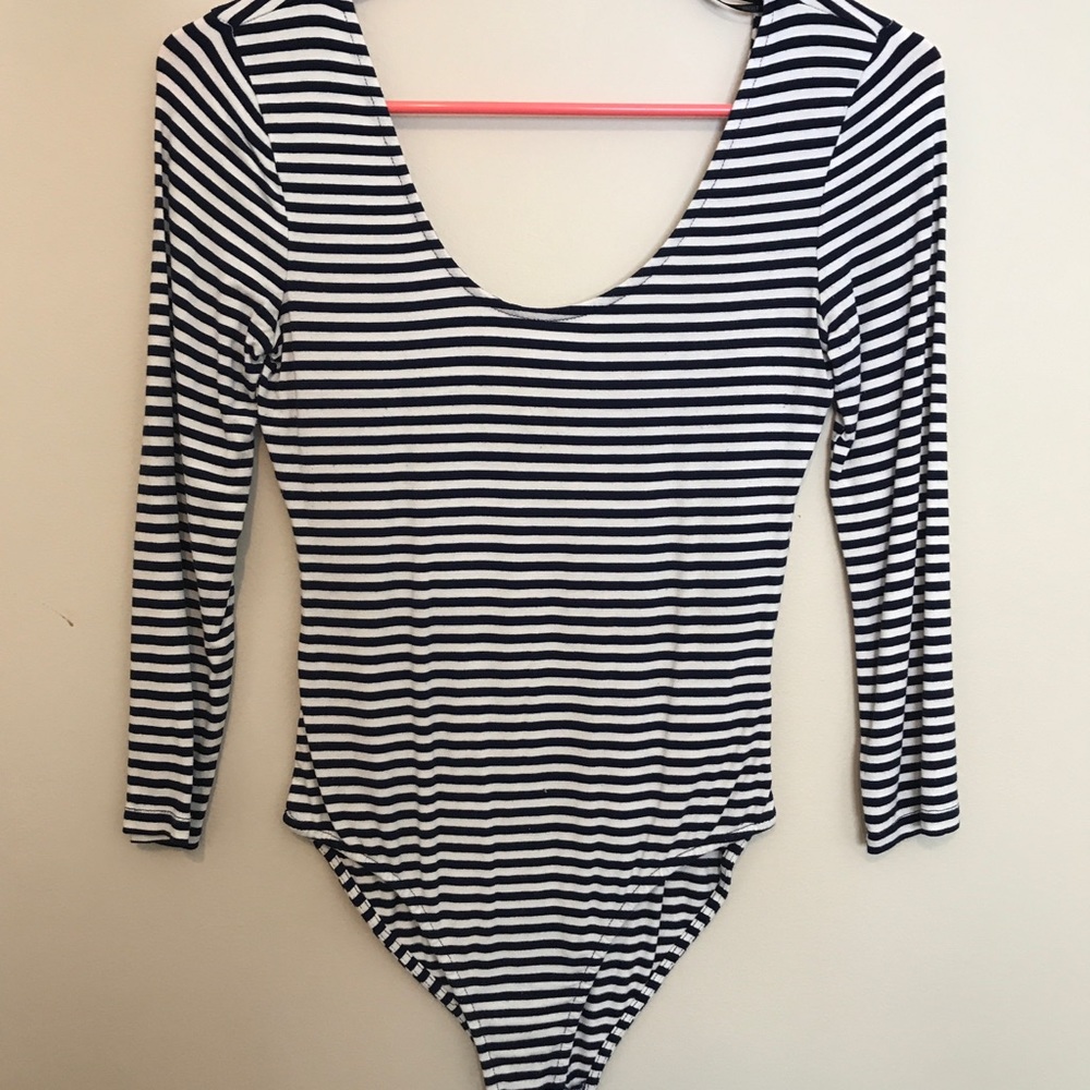 Navy and white striped one piece.
